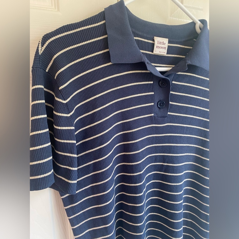 Airtzia Little Moon Verbena Navy Striped Polo Knit Shirt Relaxed Fit - Picture 2 of 7
